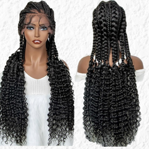 Perruque tressée longue pour femme | Perruque synthétique noire avec des cheveux de bébé | Perruque tressée avec bonnet en dentelle résistante à la chaleur | Look naturel et chic