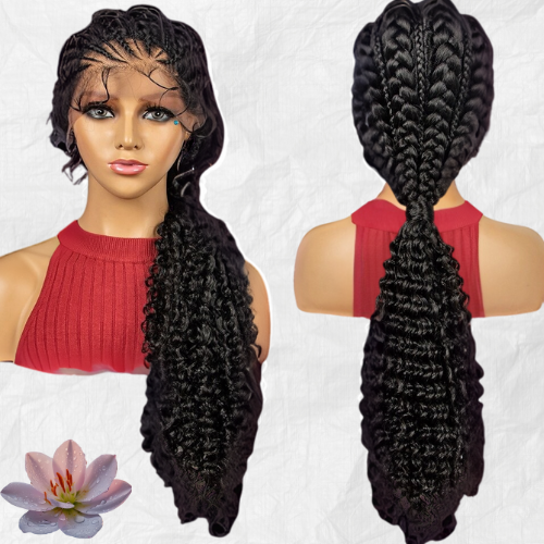 Perruque tressée longue pour femme | Perruque synthétique noire avec des cheveux de bébé | Perruque tressée avec bonnet en dentelle résistante à la chaleur | Look naturel et chic