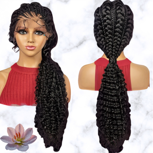 Perruque tressée longue pour femme | Perruque synthétique noire avec des cheveux de bébé | Perruque tressée avec bonnet en dentelle résistante à la chaleur | Look naturel et chic